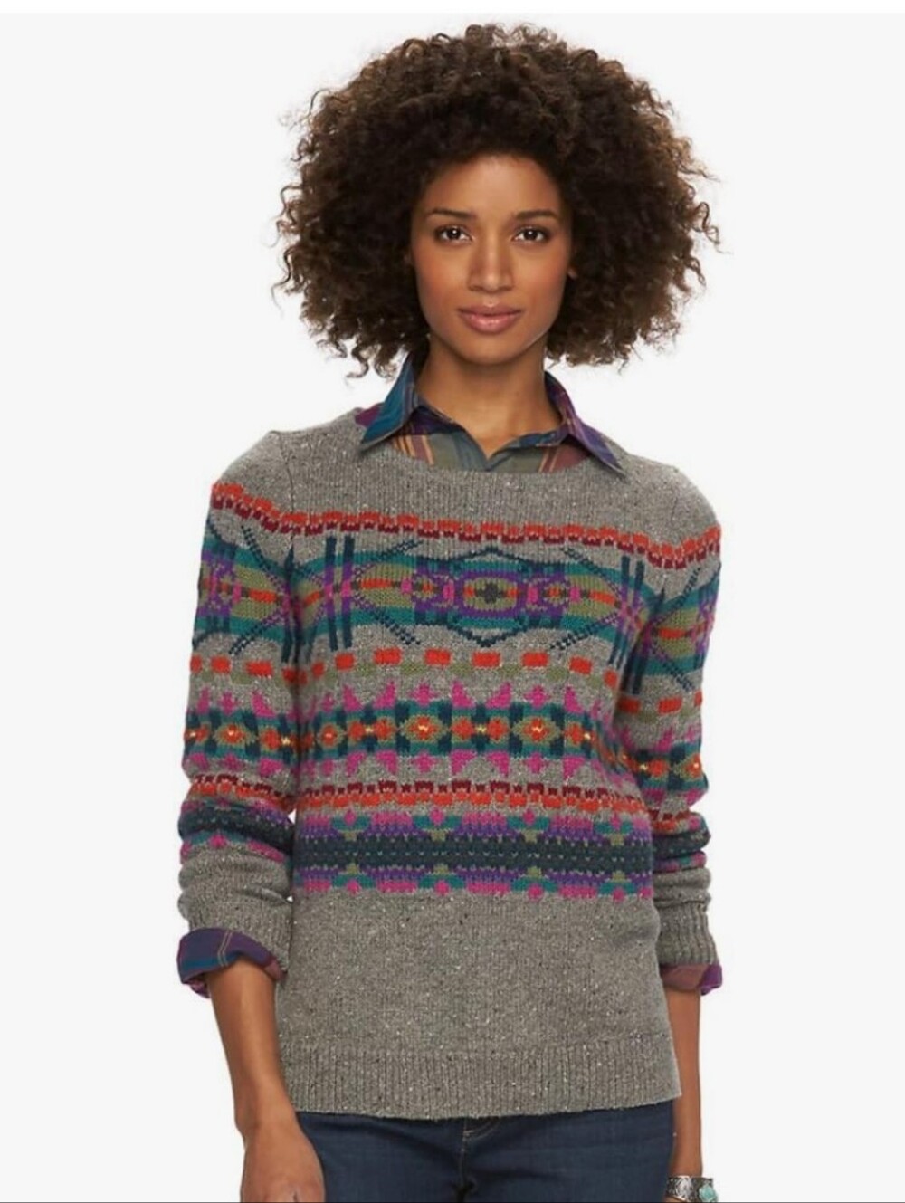 Chaps Gray Fair Isle Crewneck Sweater Multicolor Nordic Aztec Tribal Women M
